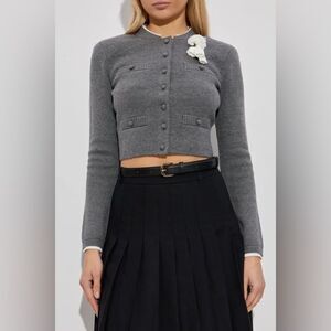 NEW Self-Portrait Gray crochet-flower button Cropped Long Sleeve Cardigan, S